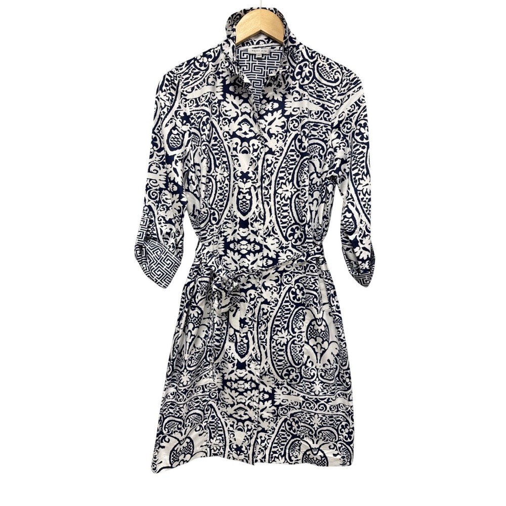 Patty Kim Elizabeth Shirt Dress Women S Navy Blue White Paisley Cotton Luxury